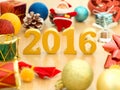 Text of gold 2016, make from wood. Golden year 2016. New year decoration, closeup on 2016 text. Happy new year 2016. Gold 2016 on Royalty Free Stock Photo