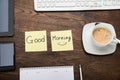 The Text Good Morning On Note With Cup Of Coffee Royalty Free Stock Photo