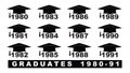 Text with graduation hat 1980-1991 set on a white illustration