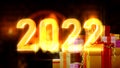 text 2022 with group of gifts and shining hearth - abstract 3D rendering