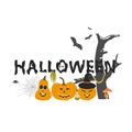 Text Halloween with pumpkins and other holiday events and cannabis leaf. Vector element for horror holiday design