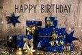 Text Happy Birthday, Christmas Gifts, Snowfall Royalty Free Stock Photo