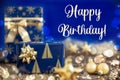 Text Happy Birthday, Golden And Blue Christmas Decoration Royalty Free Stock Photo