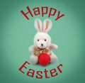Text Happy Easter and Easter bunny with the red egg Royalty Free Stock Photo