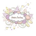 Text Happy Easter in cloud on colorful background. Cute holiday illustration