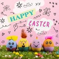 Text happy easter and cute handmade decorated eggs Royalty Free Stock Photo