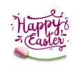 Text Happy Easter, purple on white with pink tulip, illustration Royalty Free Stock Photo