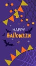 text Happy Halloween on the background of the night cloudy starry sky with bats cobwebs with lamp and flag garlands