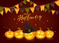 Text Happy Halloween and Pumpkins with Pennants