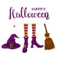 Text Happy Halloween with witches legs with purple hat and broom Royalty Free Stock Photo