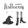 Text Happy Halloween with witches legs in shoes and hat