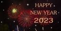 Text Happy new year 2023 with fireworks background Royalty Free Stock Photo