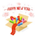 Text Happy New Year and fireworks in a box Royalty Free Stock Photo