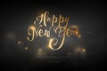 Text Happy New Year golden color. Low poly wireframe art on black background. Concept for holiday or magic or miracle. Vector