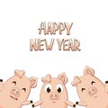 Text Happy New Year and three pigs on white background Royalty Free Stock Photo