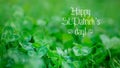Text Happy Saint Patricks Day shiny green clover ornament. Green clover leaves. St. Patrick's Royalty Free Stock Photo
