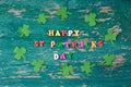 Text happy St. PAtrick`s Day and green clover ornament. Patric`s postcard design.