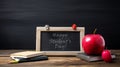 the text happy students day written in a chalkboard, placed on a rustic wooden school. generative ai Royalty Free Stock Photo