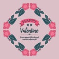 Text happy valentine background, with ornament of pink wreath frames blooms. Vector Royalty Free Stock Photo