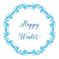 Text happy winter with Ornament art of blue leaves frame and blue flower. Vector