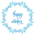 Text happy winter with Ornament art of blue leaves frame and blue flower. Vector
