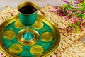 Text in hebrew egg, bone, herbs, karpas, chazeret and charoset Passover concept. Jewish matzah, kiddush and seder Royalty Free Stock Photo