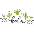 Text Hello in Spanish Hand drawn cute cactus heart Love Cacti, Cute greeting card template