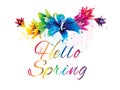 The text `hello spring` and colorful flowers on a white background. Lettering spring season with flowers for greeting card. Royalty Free Stock Photo