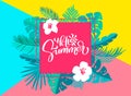 Text Hello summer in geometric floral palm leaves frame. Hand drawn lettering calligraphy vector illustration. quote design logo Royalty Free Stock Photo