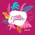 Text Hello Summer in tropical floral leaves and sea elements frame. Hand drawn lettering calligraphy vector illustration Royalty Free Stock Photo