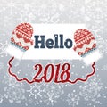 Text Hello 2018 on winter background with mittens