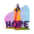 text hope beautiful muslim girl wearing hijab and long dress praying worship spirituality faith trust with god