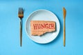 Text Hunger written on a cardboard lying on the empty plate. Food crisis, global hunger, food supply issue Royalty Free Stock Photo