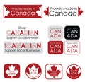 Text and icons supporting Canadian businesses. Proudly made in Canada and Support Canadian businesses, Buy Canadian signs