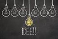 Text `Idee` and light bulbs on chalkboard. Translation: `Idea` Royalty Free Stock Photo