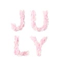 text JULY on white background. letters lined with fresh petals peony of the pink color.