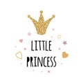 Text Little Princess with- gold glottering crown pink stars heart decor print