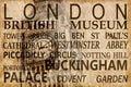 Text with London landmarks on Big Ben vintage background