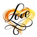 Text LOVE calligraphy flourish on a background of a golden heart. Happy Valentines day card Font Type. Fun brush ink