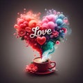 Text love with flowers with vibrant colored vapors coming out of the coffee.