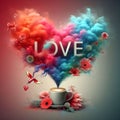 Text love with flowers with vibrant colored vapors coming out of the coffee.