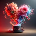 Text love with flowers with vibrant colored vapors coming out of the coffee.