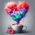 Text love with flowers with vibrant colored vapors coming out of the coffee.