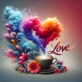 Text love with flowers with vibrant colored vapors coming out of the coffee.