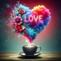 Text love with flowers with vibrant colored vapors coming out of the coffee.