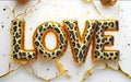 text love in gold cheetah jungle theme, solid white background Generative AI