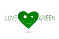 Text love green with green smiling heart shaped leaf on white background Royalty Free Stock Photo