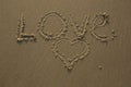 Love written in the sand and a heart drawn in the sand Royalty Free Stock Photo