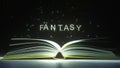 FANTASY text made of glowing letters vaporizing from open book. 3D rendering
