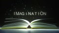 IMAGINATION caption made of glowing letters from the open book. 3D rendering